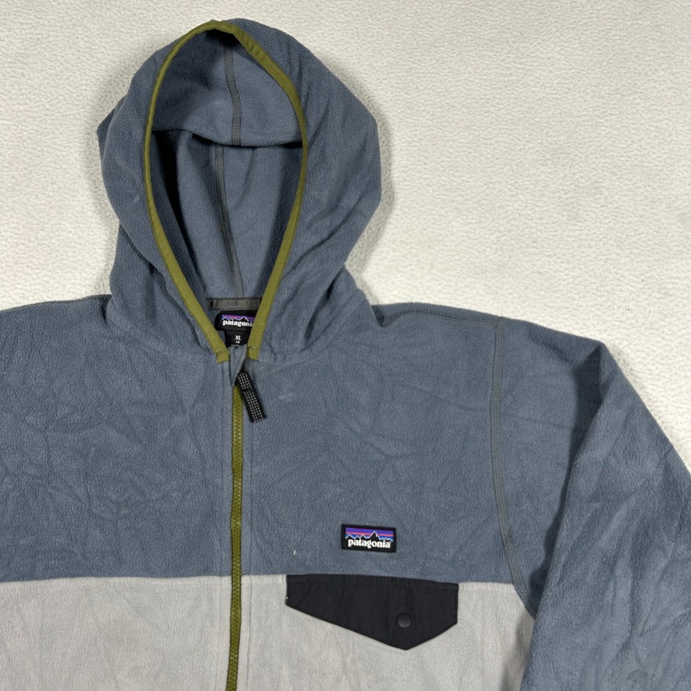 Patagonia Fleece Hoodie Kids XL 14 Grey Blue Colorblock Full Zip Jacket